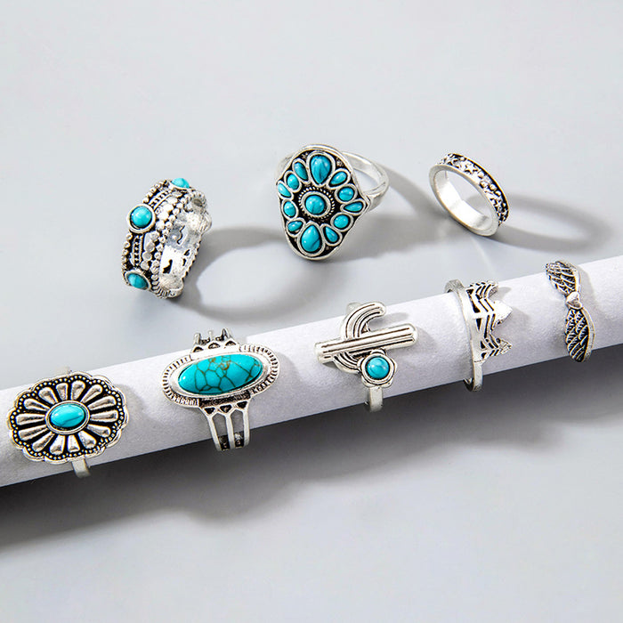 Ethnic Vintage Turquoise Ring Set - 8pcs Oval Geometric Knuckle Rings