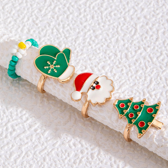 Christmas Enamel Ring Set - Cute Tree, Gloves, and Santa Four-Piece Set for Women