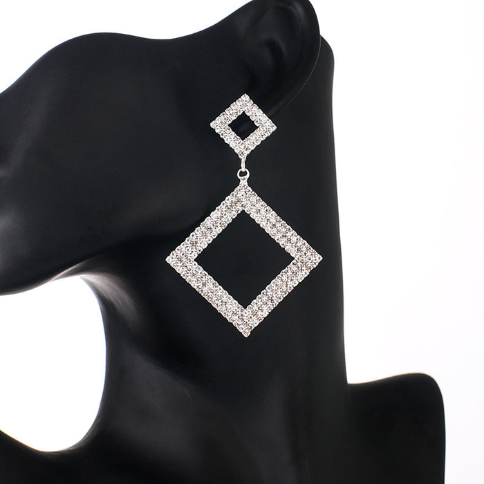 Fashionable Square Rhinestone Earrings - Geometric Studs with Tassel Dangles