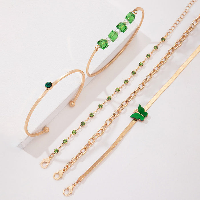 Juego de pulseras de piedras preciosas con forma de mariposa verde: cadena con bloques de colores y joyas con cuentas