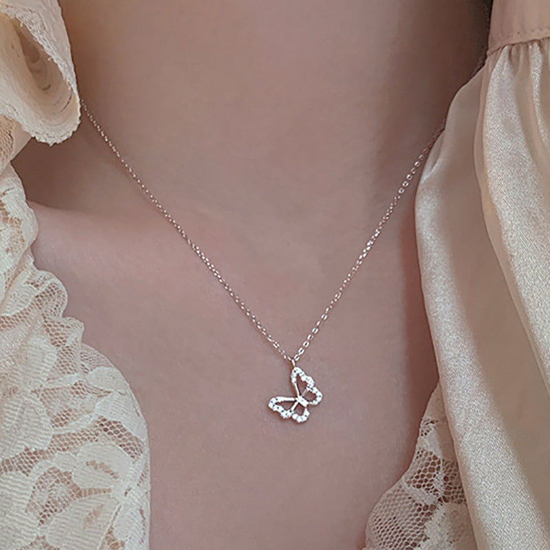 Alloy Heart Silver Micro Set Zircon Necklace - wallojewerly 