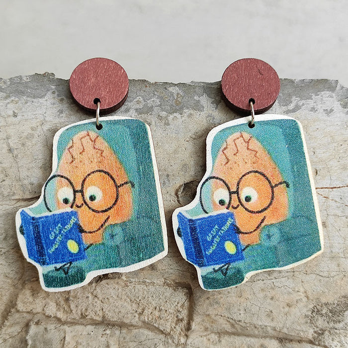 Wooden Egg Earrings with Glasses for School Season