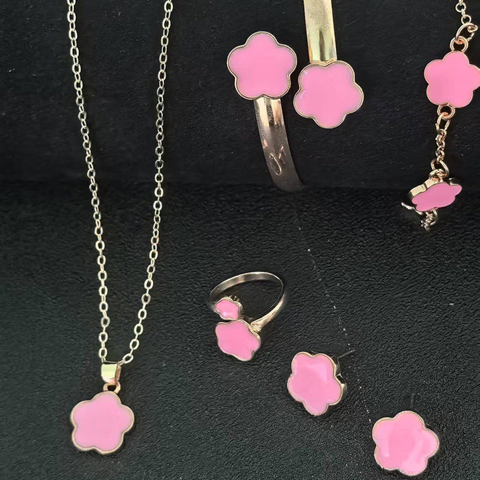 Wholesale 5-piece set of five-petal flower necklace, bracelet, bangle, earrings, and ring - wallojewerly 