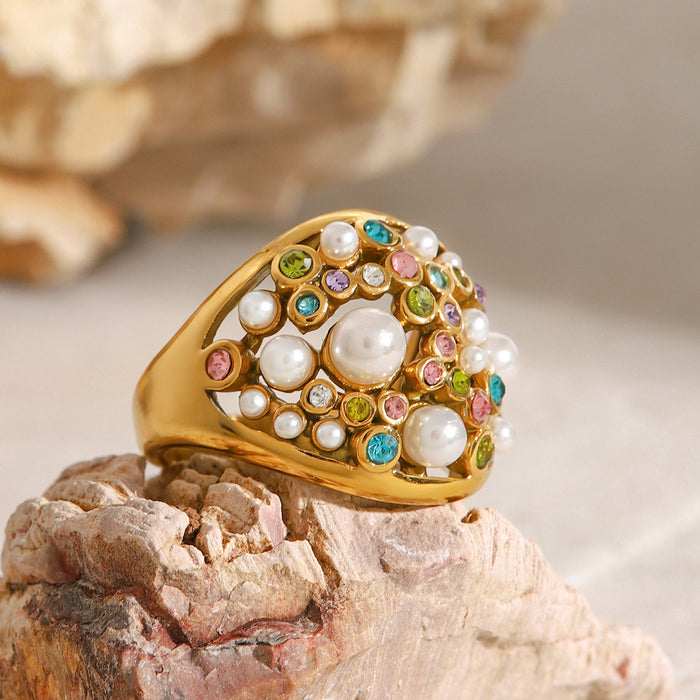 Vintage Baroque Style Pearl Ring - Stainless Steel Inlaid Design, Women's Trendy Jewelry