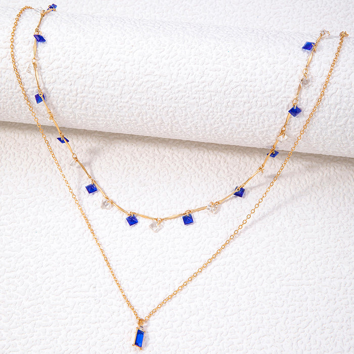 Simple Colorful Rhinestone Tassel Necklace with Sapphire Pendant