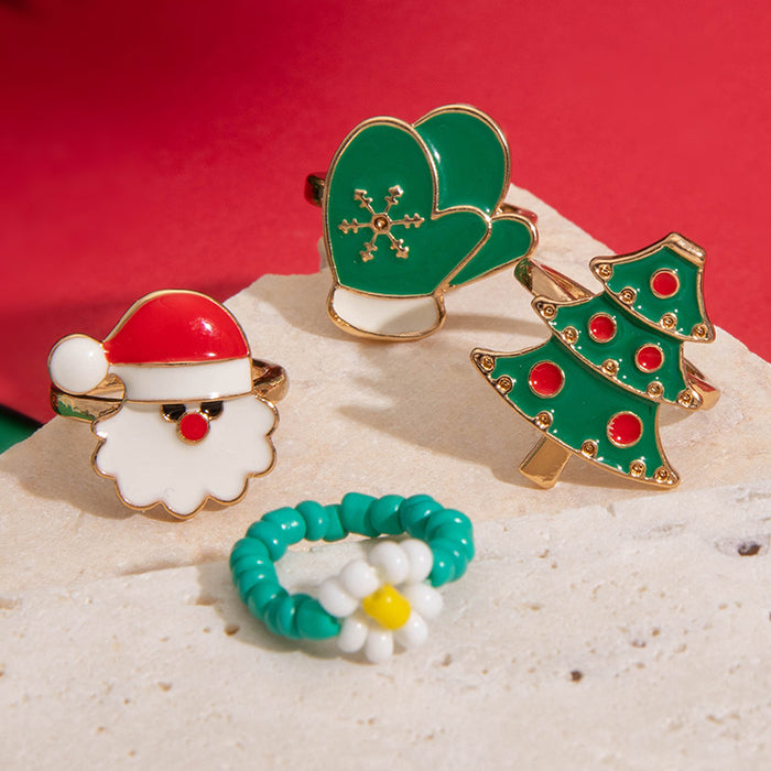 Christmas Enamel Ring Set - Cute Tree, Gloves, and Santa Four-Piece Set for Women