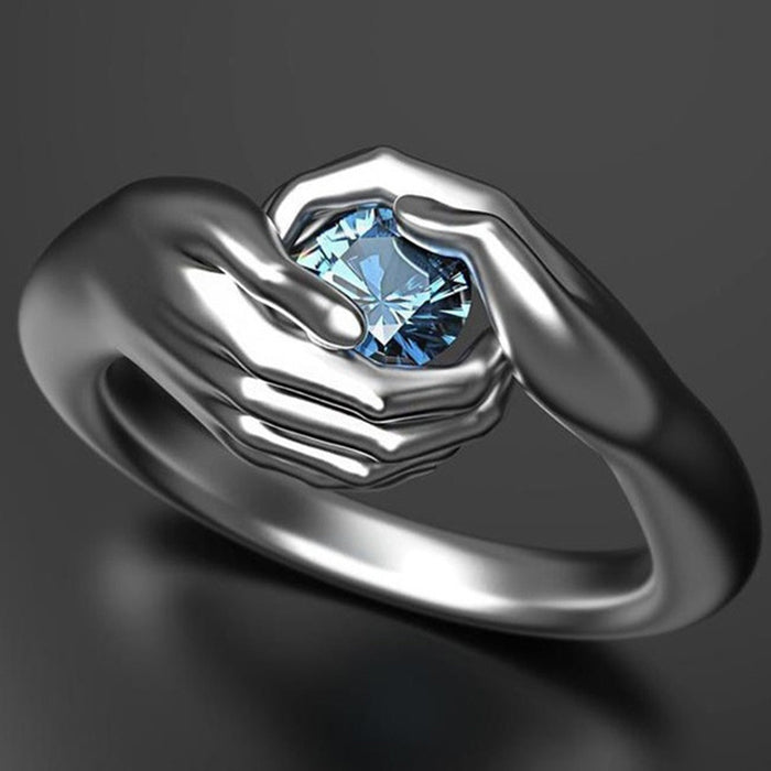 Anillo de circonita azul con manos abrazadas, regalo estilo punk