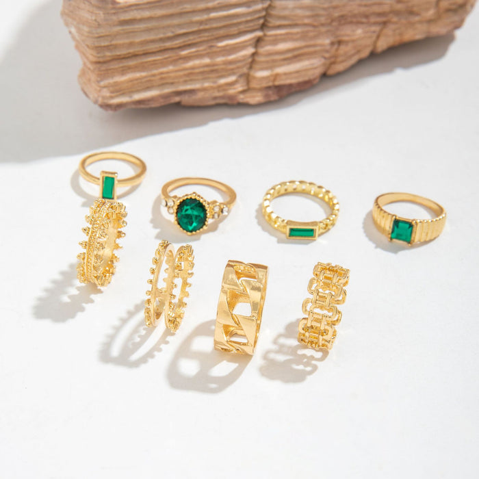 French Vintage Faux Emerald Stone Joint Ring Set – Unique Geometric Rings, 9-Piece Collection