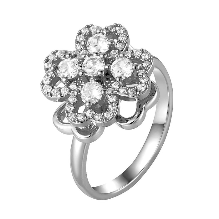 Wholesale micro-painted zircon and pearl four-leaf clover rotating open ring