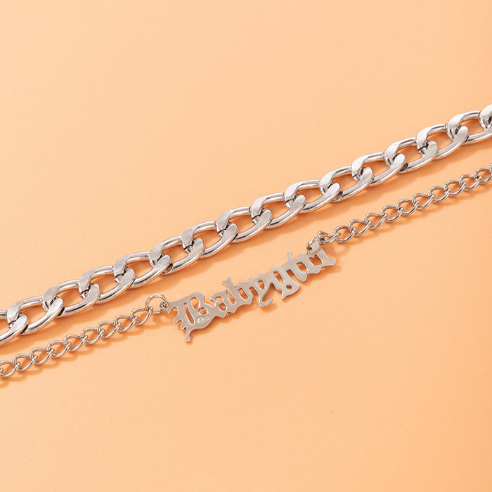 Double-Layer Letter Chain Anklet with Geometric Heavy Metal Design