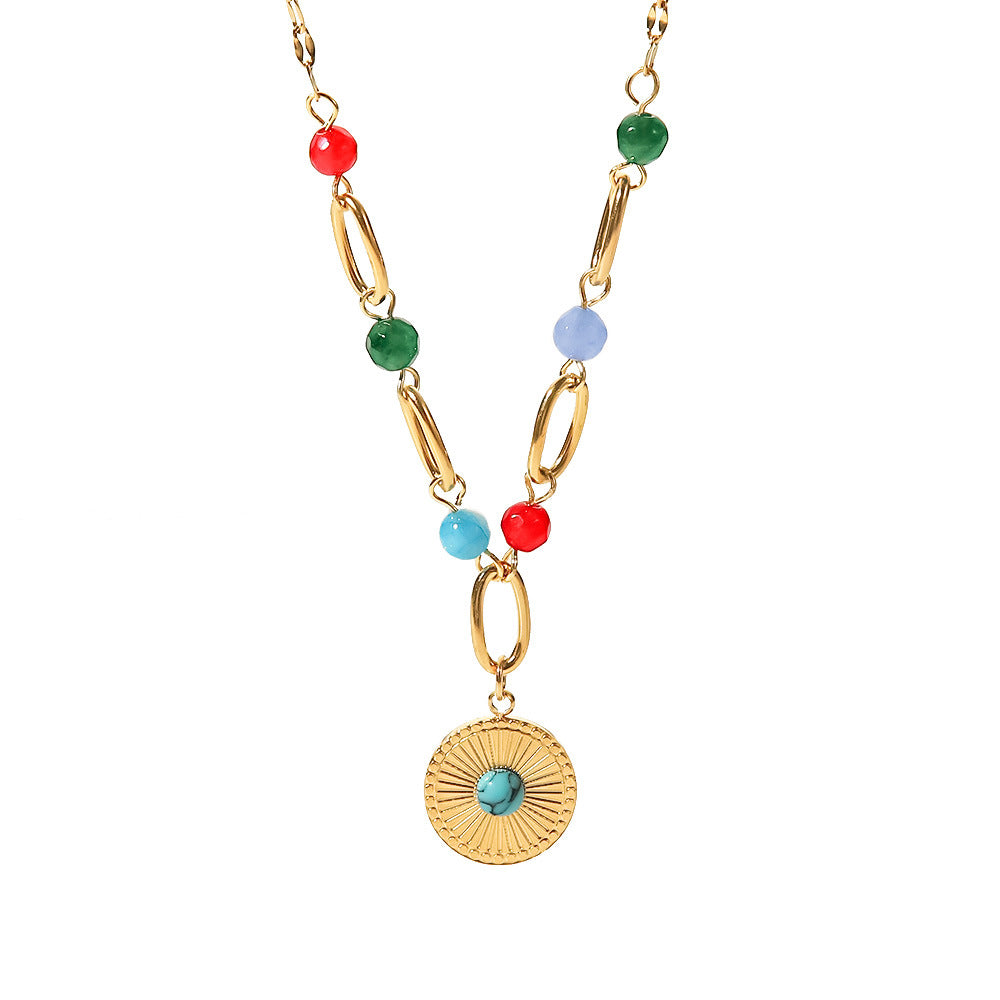 18K Gold-Plated Stainless Steel Necklace with Turquoise Pendant - Stylish Titanium Steel Jewelry with Colorful Beads