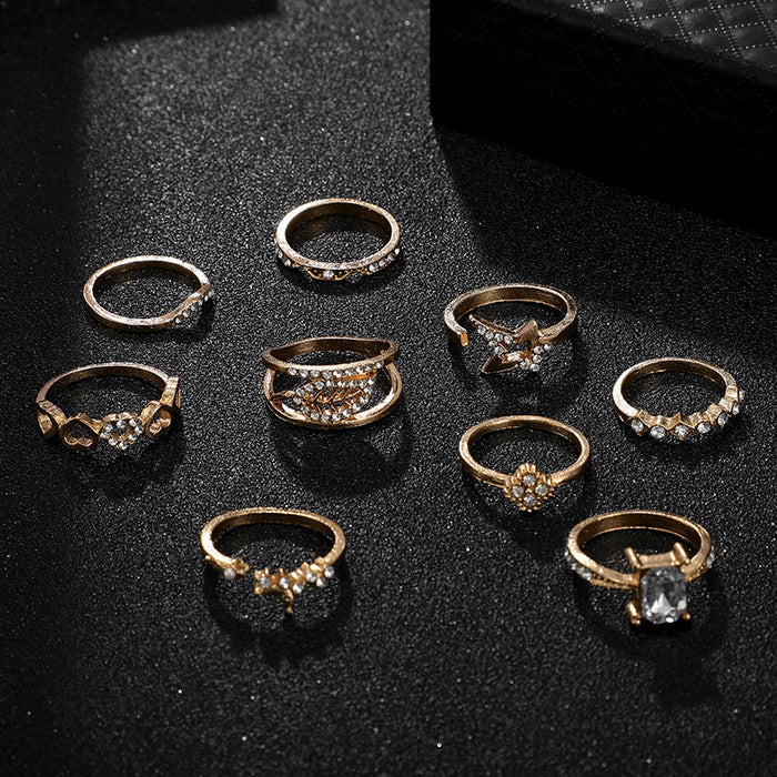 Love leaf diamond open ring set, geometric star nine-piece set