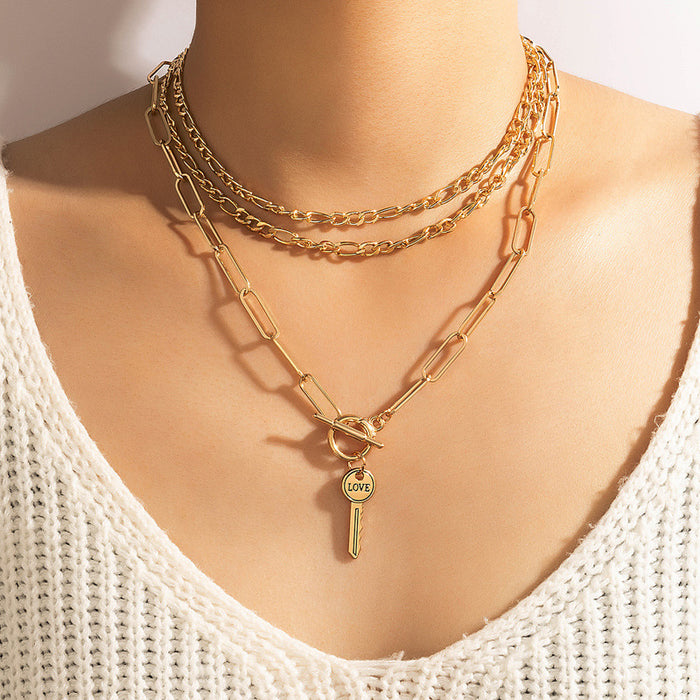 Alloy Letter Key Three-Layer Necklace with Geometric Chain Multi-Layer Design