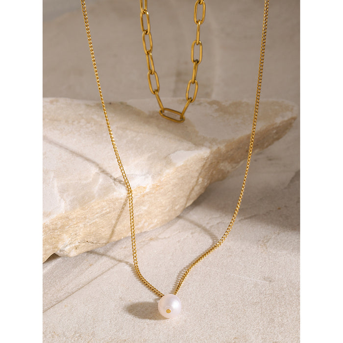 Style 18K Gold-Plated Stainless Steel Pearl Necklace - Double Layer Chain with Return Link Design