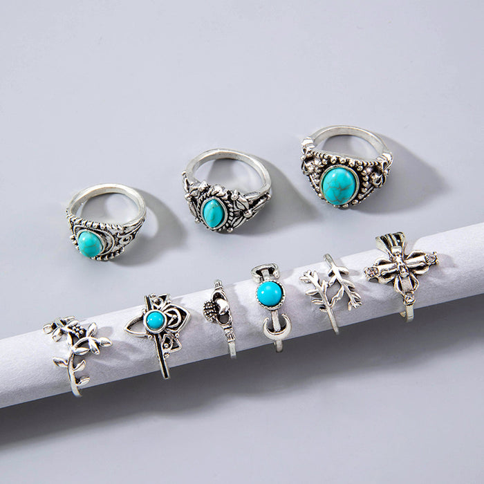 Bohemian Turquoise Exaggerated Ring Set - 9pcs Vintage Leaf Eye Rings