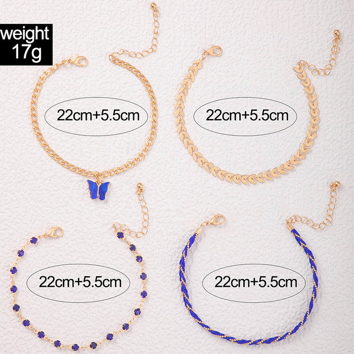 Blue Rhinestone Woven Rope Anklet Set - Multilayer Boho Jewelry