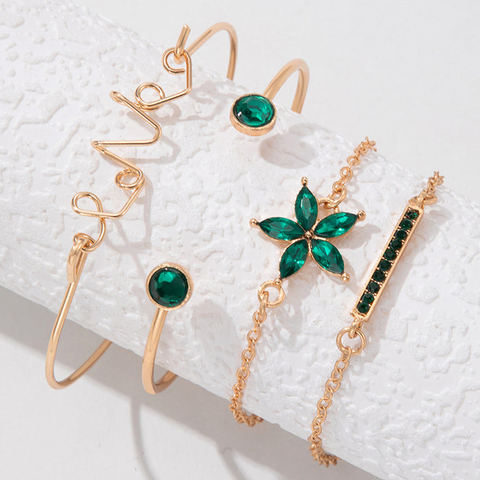 Conjunto de pulseras de diamantes de imitación con flores verdes: joyería multicapa de cuatro piezas para mujer