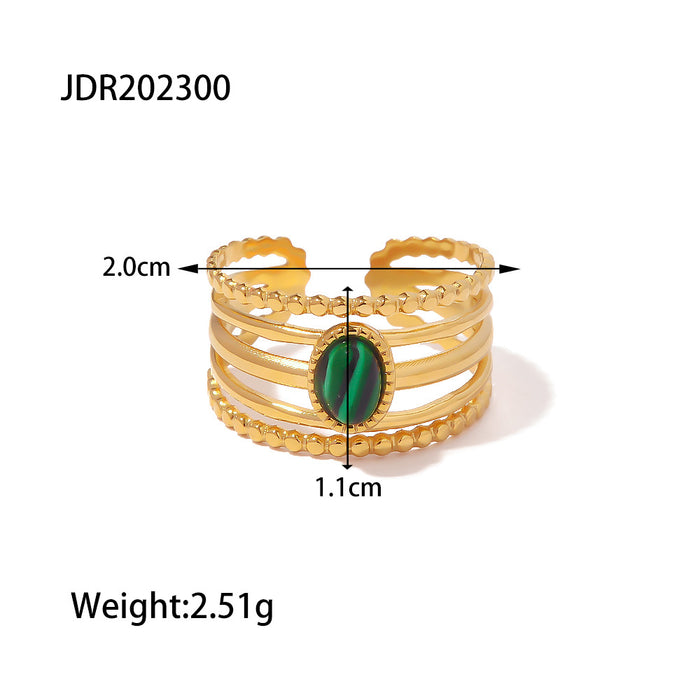 18K Gold Plated Ring with Inlaid Malachite - Women's Stylish Open Ring