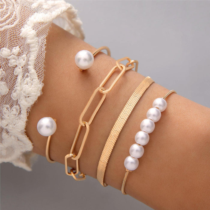 European Minimalist Faux Pearl Open Cuff Bracelet Set - Geometric Metal Beaded Jewelry