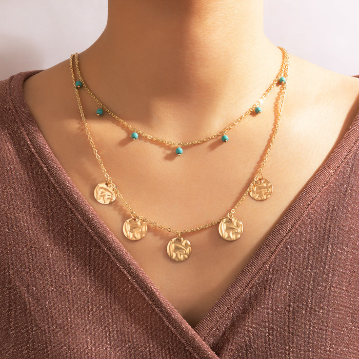 Star Round Bead Double Layer Necklace with Gold Alloy Geometric Multi-Layer Design