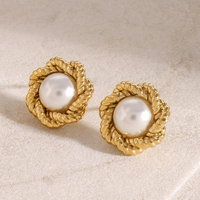 Stainless steel 18K gold plated flower twist texture pearl earrings