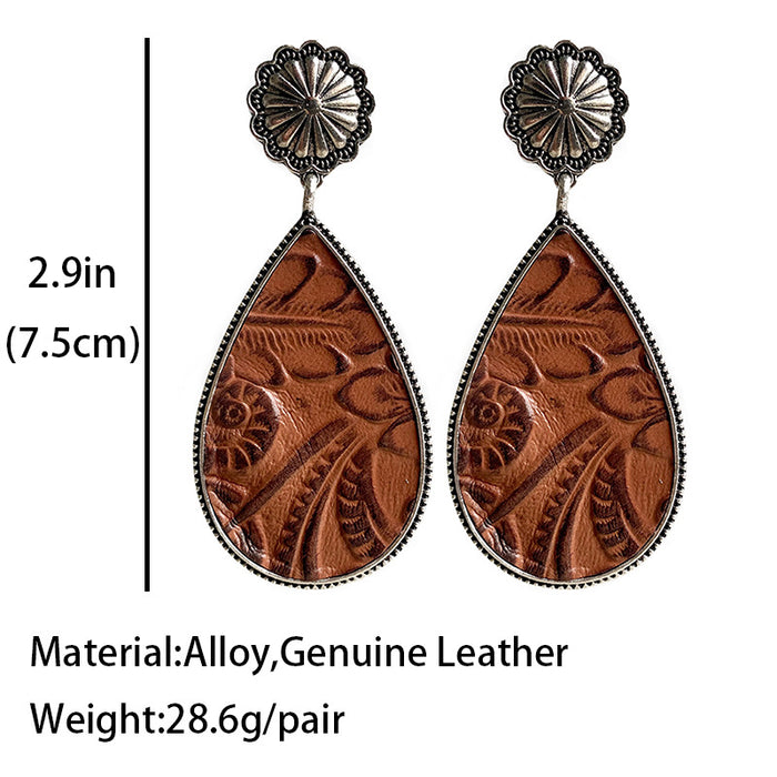 Western Embossed Leather Earrings with Bohemian Floral and Pumpkin Flower Design