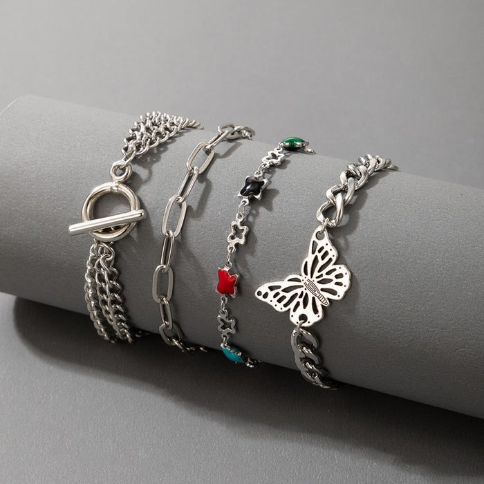 Butterfly Multi-Layer Bracelet Set with Geometric Chain Design