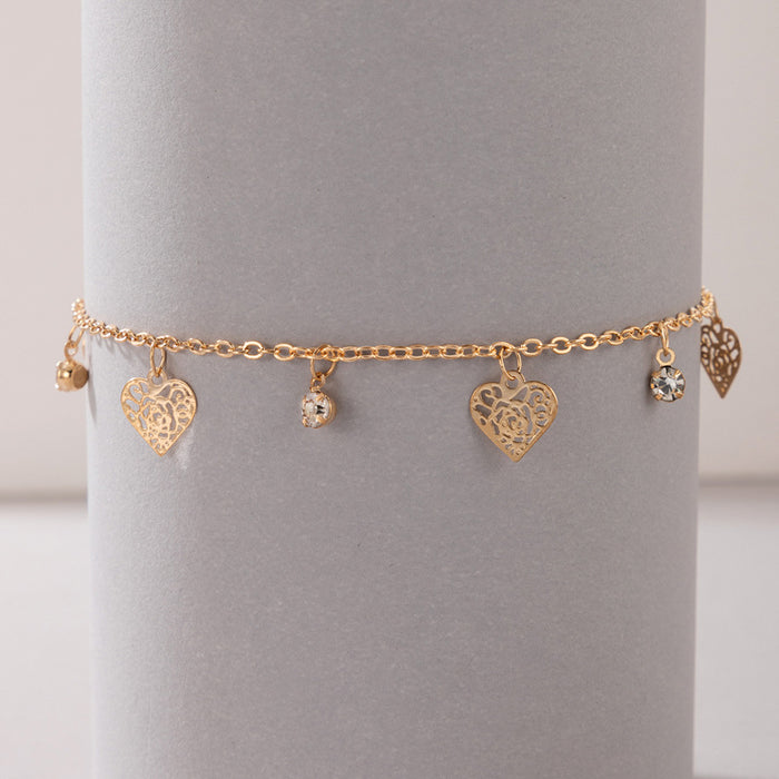 Flower and Heart Charm Anklet with Geometric Hollow Design