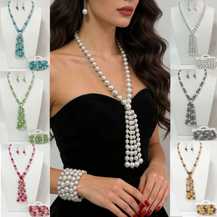 Wholesale glass pearl tassel necklace, bracelet, and earring sets - wallojewerly 