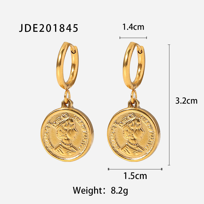 18K Gold Plated Stainless Steel Earrings - Queen Elizabeth Coin Pendant Jewelry