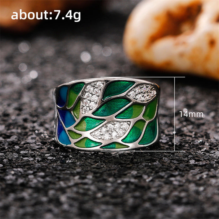 Imitation enamel dripping glue ring colorful leaf style European and American style ring jewelry