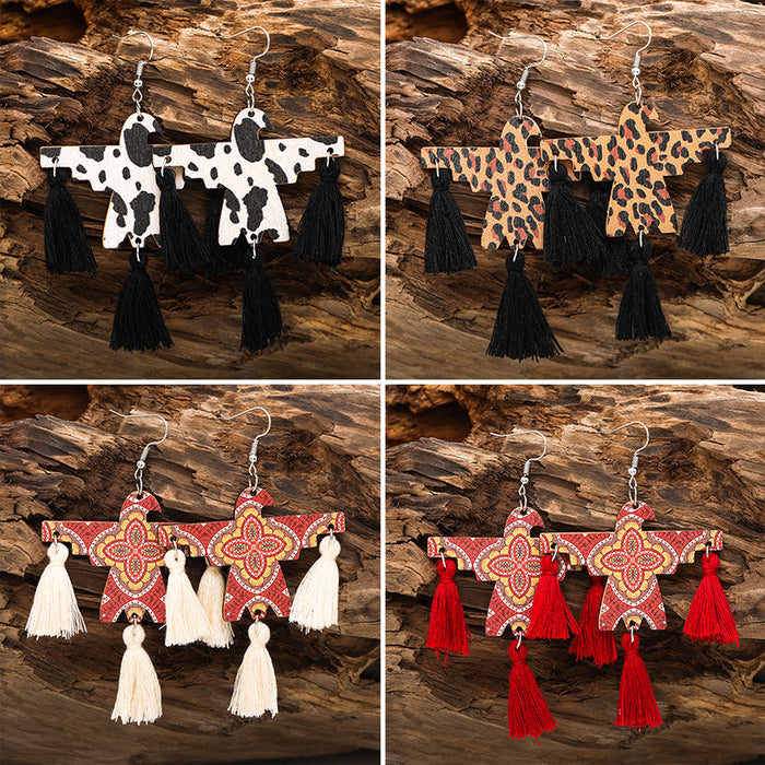 Bohemian Western Thunderbird Tassel Earrings with Cow Print and Wooden Design