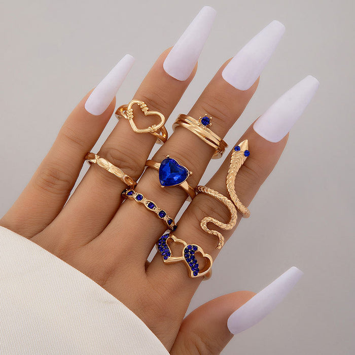 Vintage blue stacking diamond snake-shaped double heart seven-piece ring set