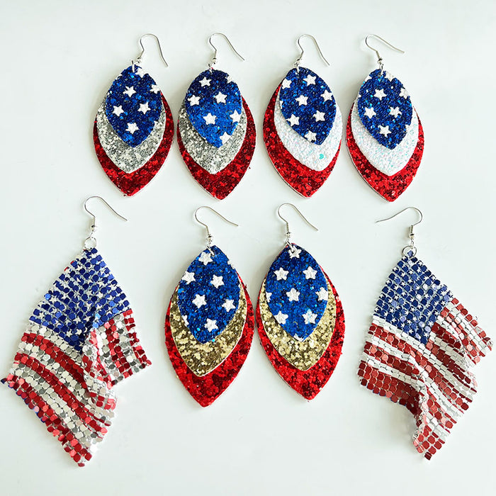 Independence Day Feather Leather Earrings with American Flag and Metal Mesh Design