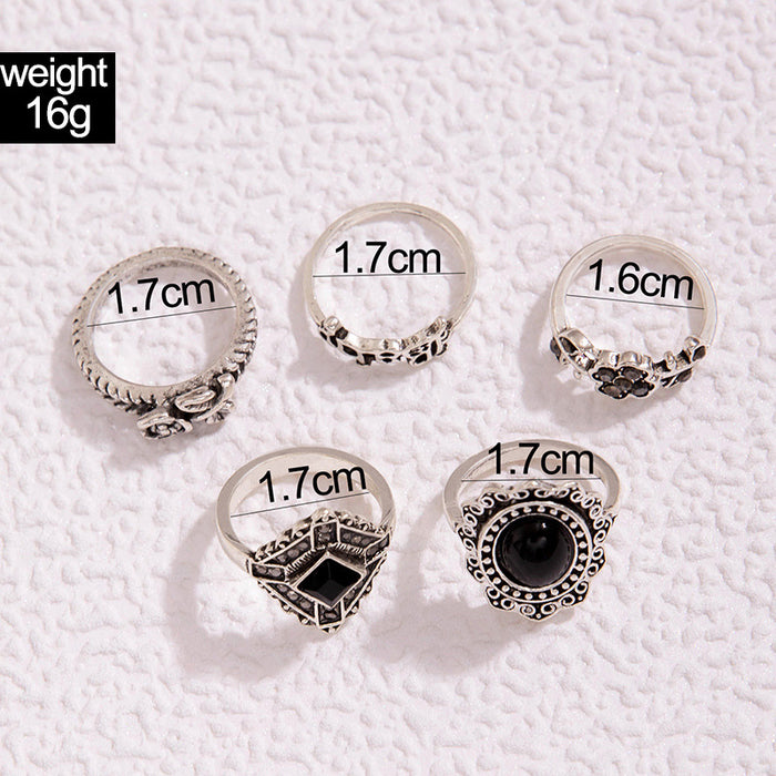 Black oil drop rose flower alphabet five-piece ring set