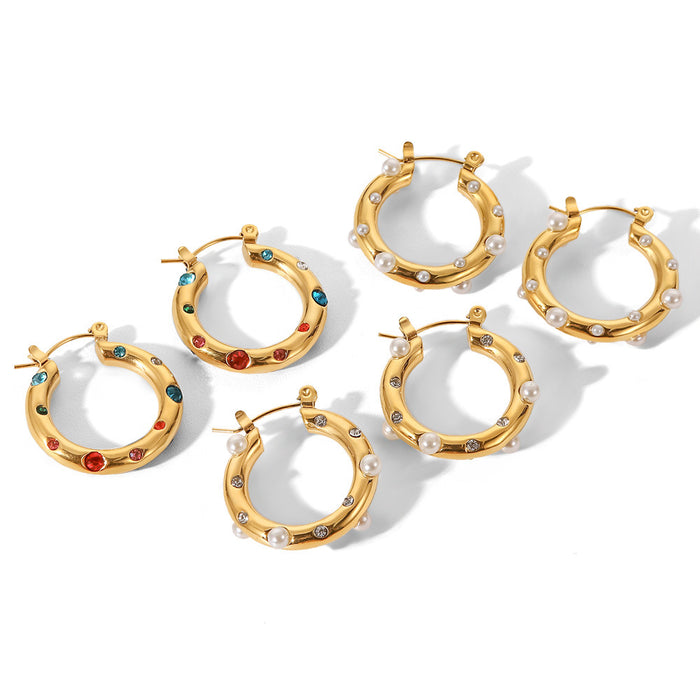 New Titanium Steel Hoop Earrings - 18K Gold Stainless Steel Pearl Zircon Earrings