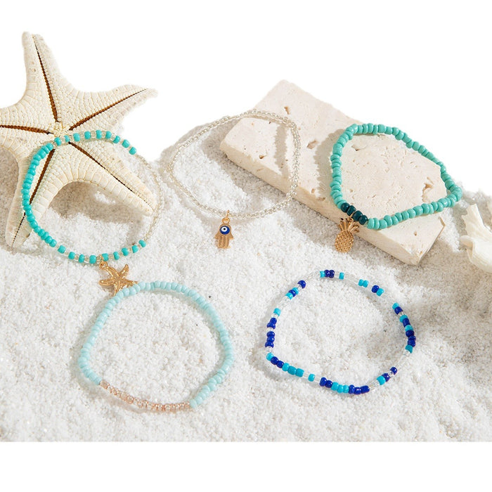 Bohemian Starfish Blue Beaded Bracelet Set - Creative Evil Eye Jewelry Five-Piece Set