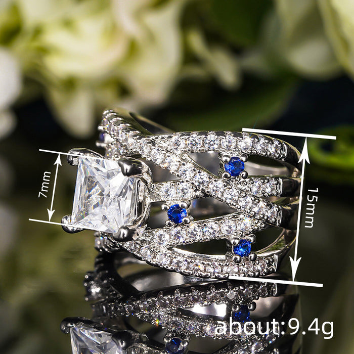 Women's cross-line square imitation sapphire ring