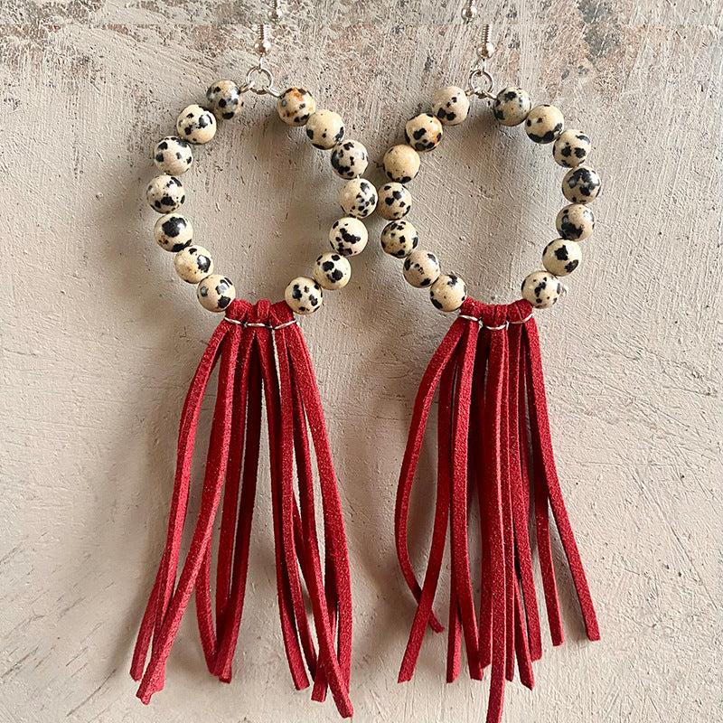 Natural Stone Bead and Leather Tassel Earrings with Western Texas Style