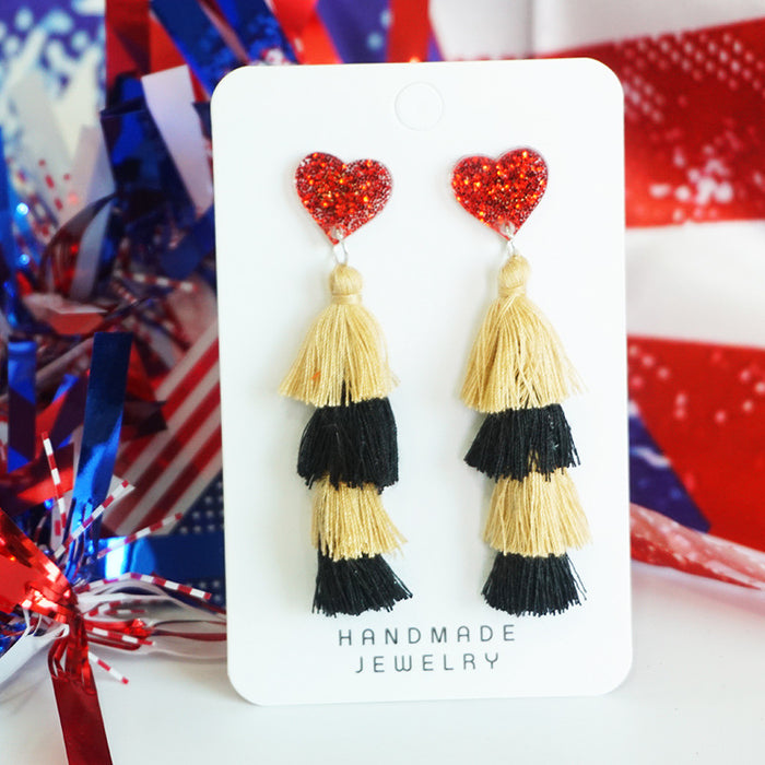 Independence Day Multi-Layer Tassel Heart Earrings with Cheerleader Design