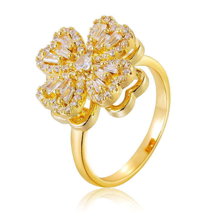 Wholesale copper micro-set zircon gold heart and four-leaf clover rotating open ring