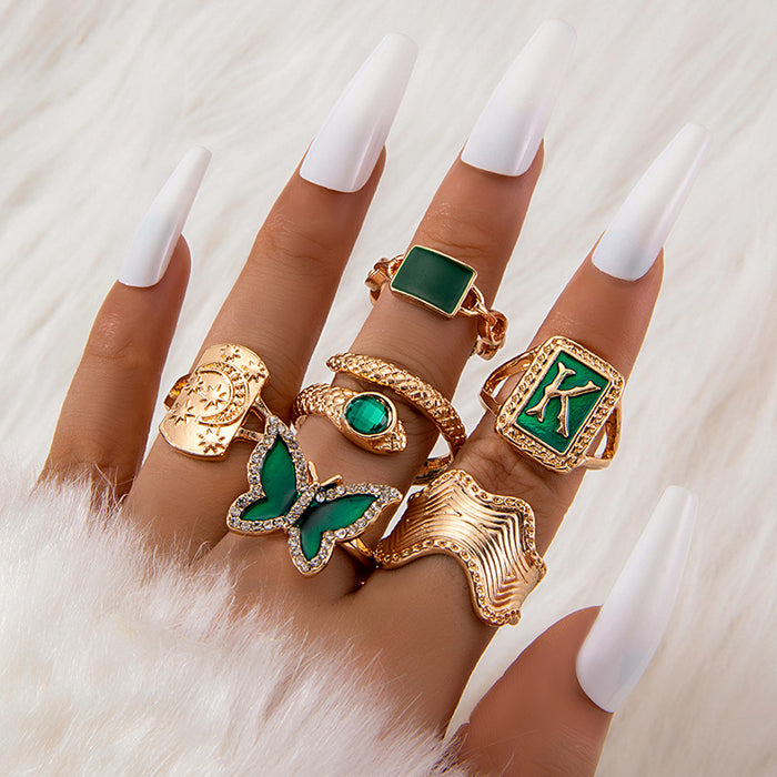 Retro Green Rhinestone Butterfly Snake Ring Set - Luxury Geometric Six-Piece Set