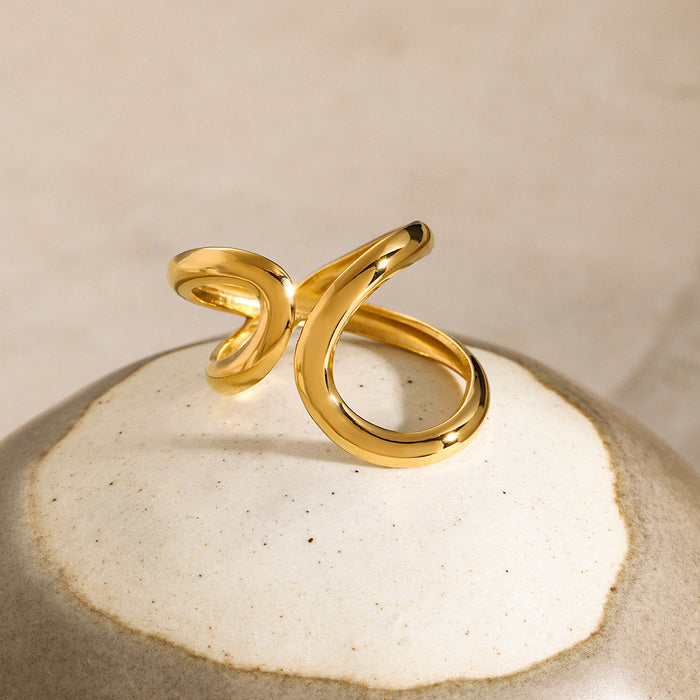 18K Gold Plated Stainless Steel Wave Design Ring - Unique and Chic