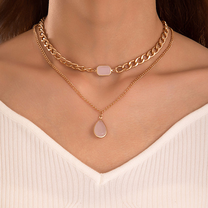 Water Drop Pendant Necklace with Double Layered Chain - Simple and Stylish Jewelry for Women