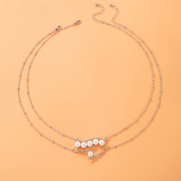 Luxury Pearl and Geometric Chain Necklace Set - Two Pieces