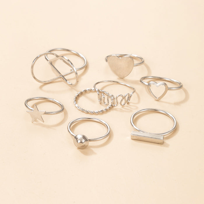 Thin Line Heart Pentagram 8-piece Geometric Ring