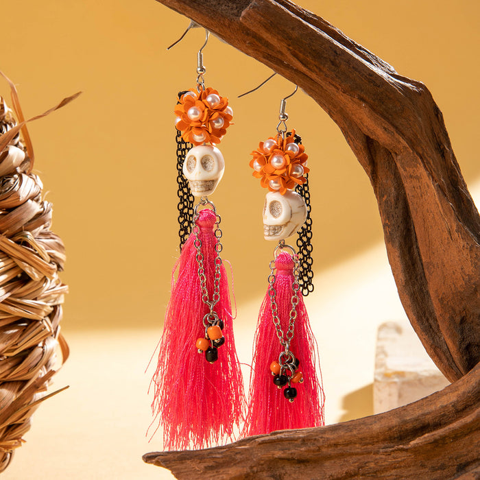 Halloween funny skull tassel rice bead earrings personality creative flower earrings for women