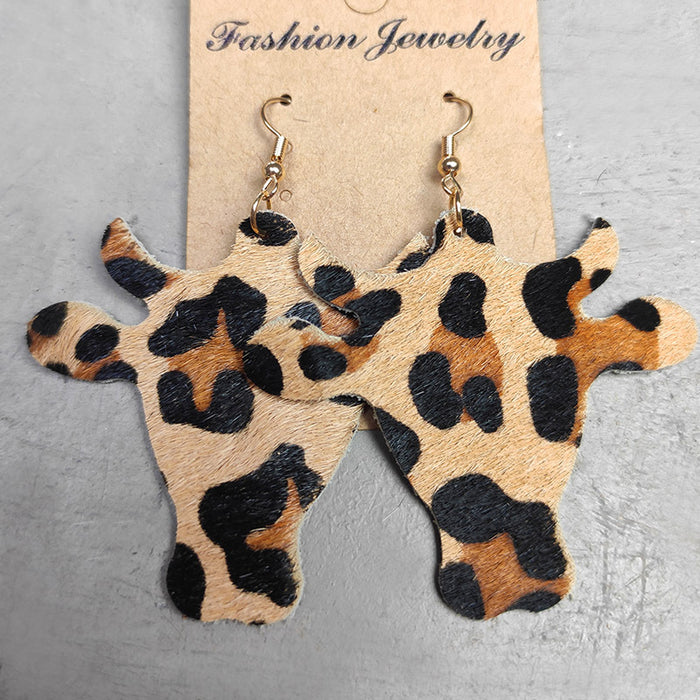 Simple Cow Print Leather Earrings with Bullhead Design