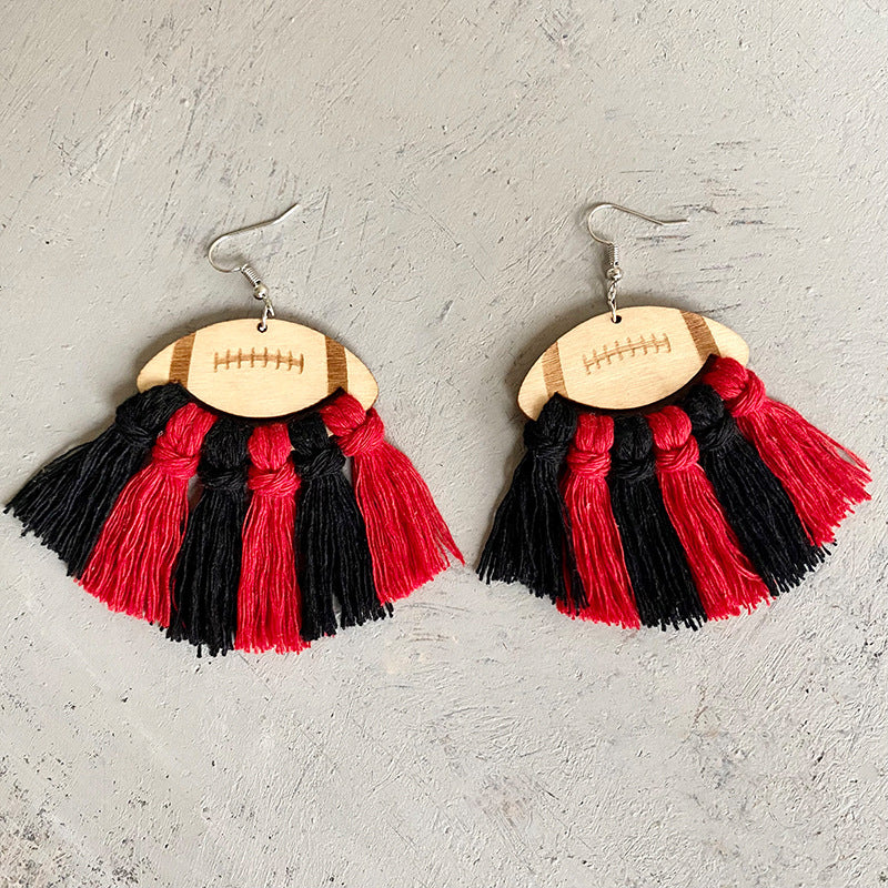 American Football Cheerleader Themed Woven Tassel Wooden Earrings for a Unique Stylish Look