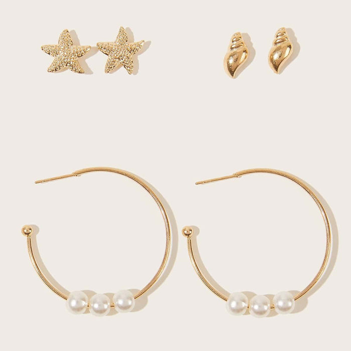 Conjunto de pendientes de estrella de mar y caracola, pendientes de perlas, conjunto de tres piezas